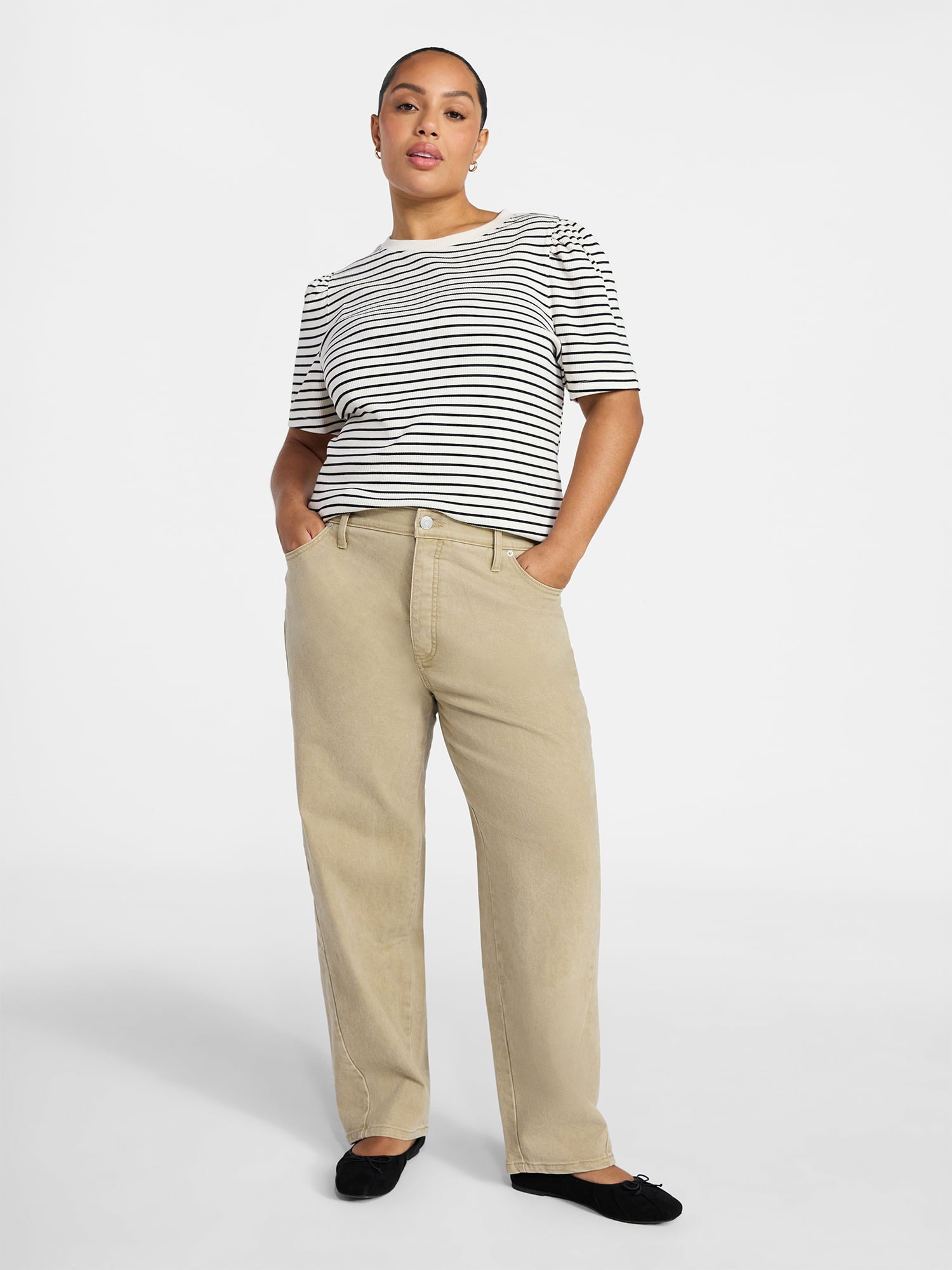 Terra & Sky Women's Plus Size Crewneck Top with Short Puff Sleeves, Size 0X-4X