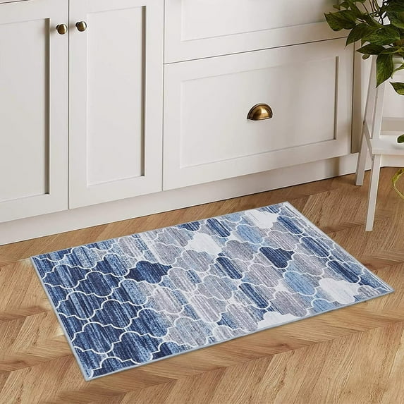 ZACOO 2'x3' Small Entryway Rug Doormat Moroccan Geometric Washable Area Rug Abstract Ogee Trellis Non-Slip Low-Pile Mat for Indoor Outdoor Entrance, Navy Blue