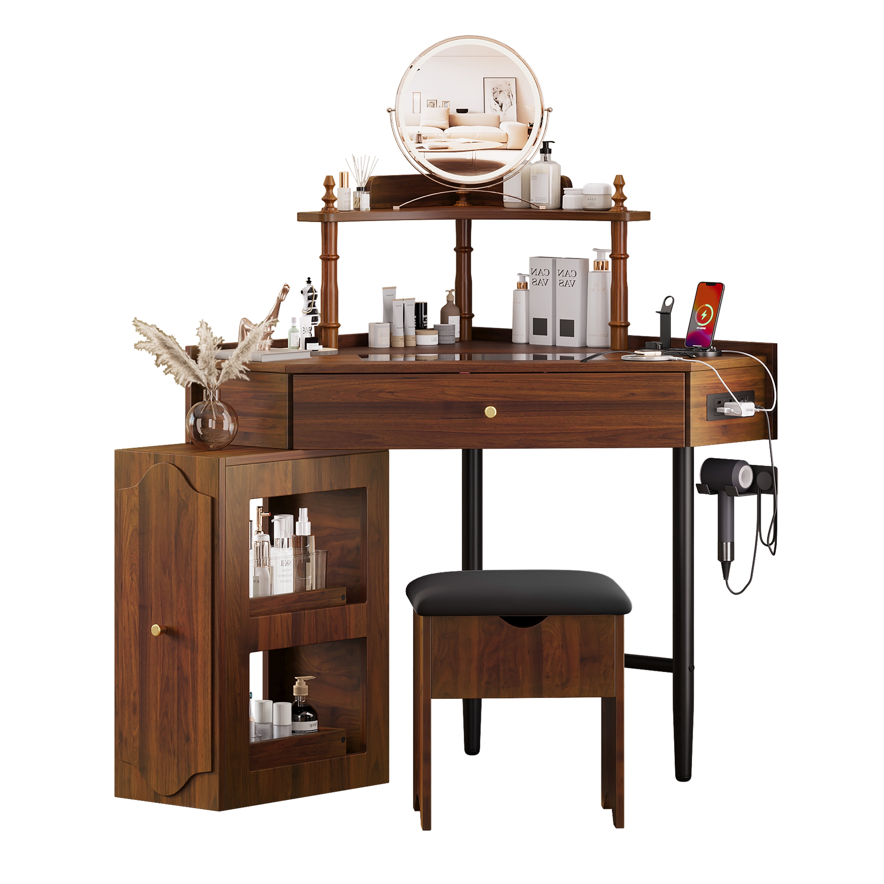 Euroco Corner Vanity Desk Set with Storage Cushioned Stool and Charging Station, Triangle Makeup Desk with Removable Pull-Out Side Cabinet, Glass Tabletop Makeup Vanity Desk,Walnut