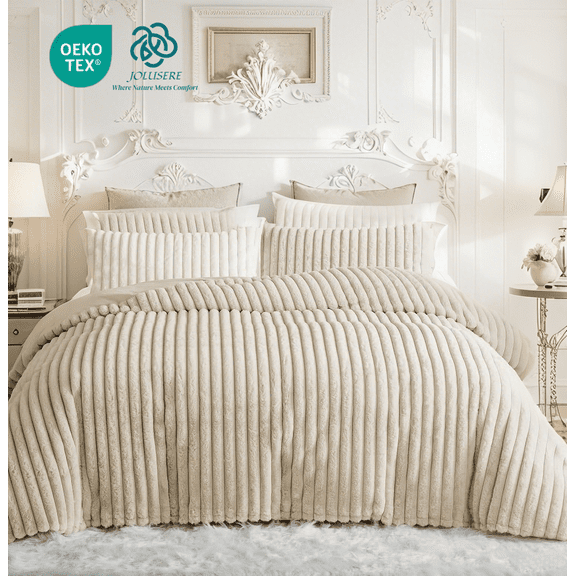JOLUSERE Beige Fluffy Striped Duvet Cover Queen Set, 3-Piece Super Soft Faux Rabbit Fur Winter Warm Fuzzy Comforter Cover