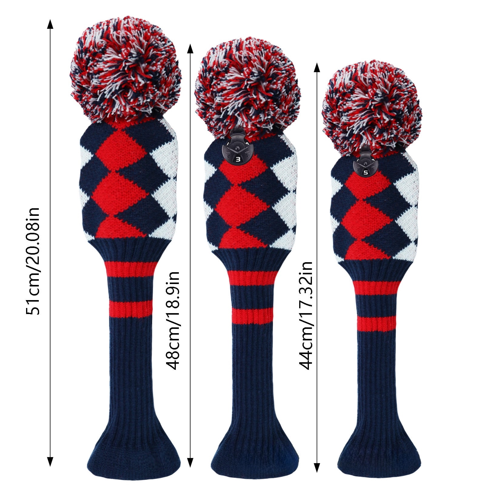 Golf Club Head Covers Set of 3 - Knitted Pom Pom Driver, Fairway & Hybrid Covers - Fits Clubs with Rotating Number Tags - Unisex for Men & Women