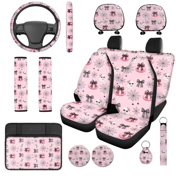 XYZCANDO Ghost Pumpkin 14 Pack Car Seat Covers Full Set Steering Wheel Cover Auto Center Console Pad Seat Belt Pads Headrest Covers Cup Coasters for Most Cars SUVs Sedans