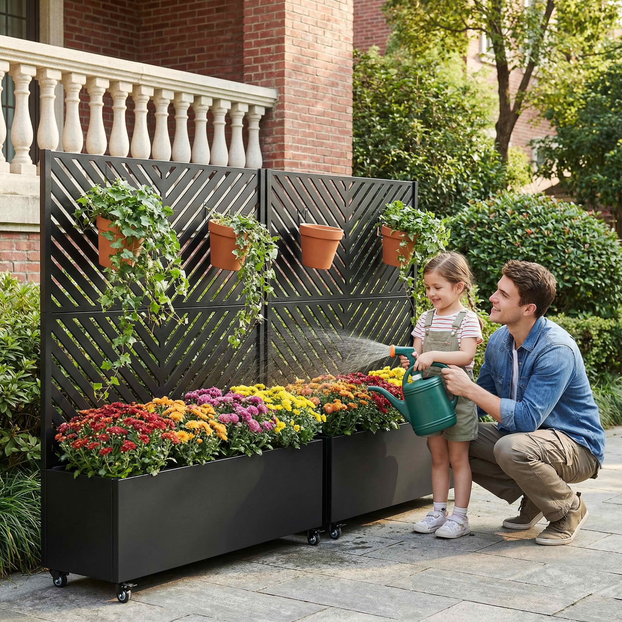MAYEERTY 47X47" Metal Outdoor Black Privacy Screen with Planter Box for Backyard & Garden, 2 Piece Set, Double‑sided Installation