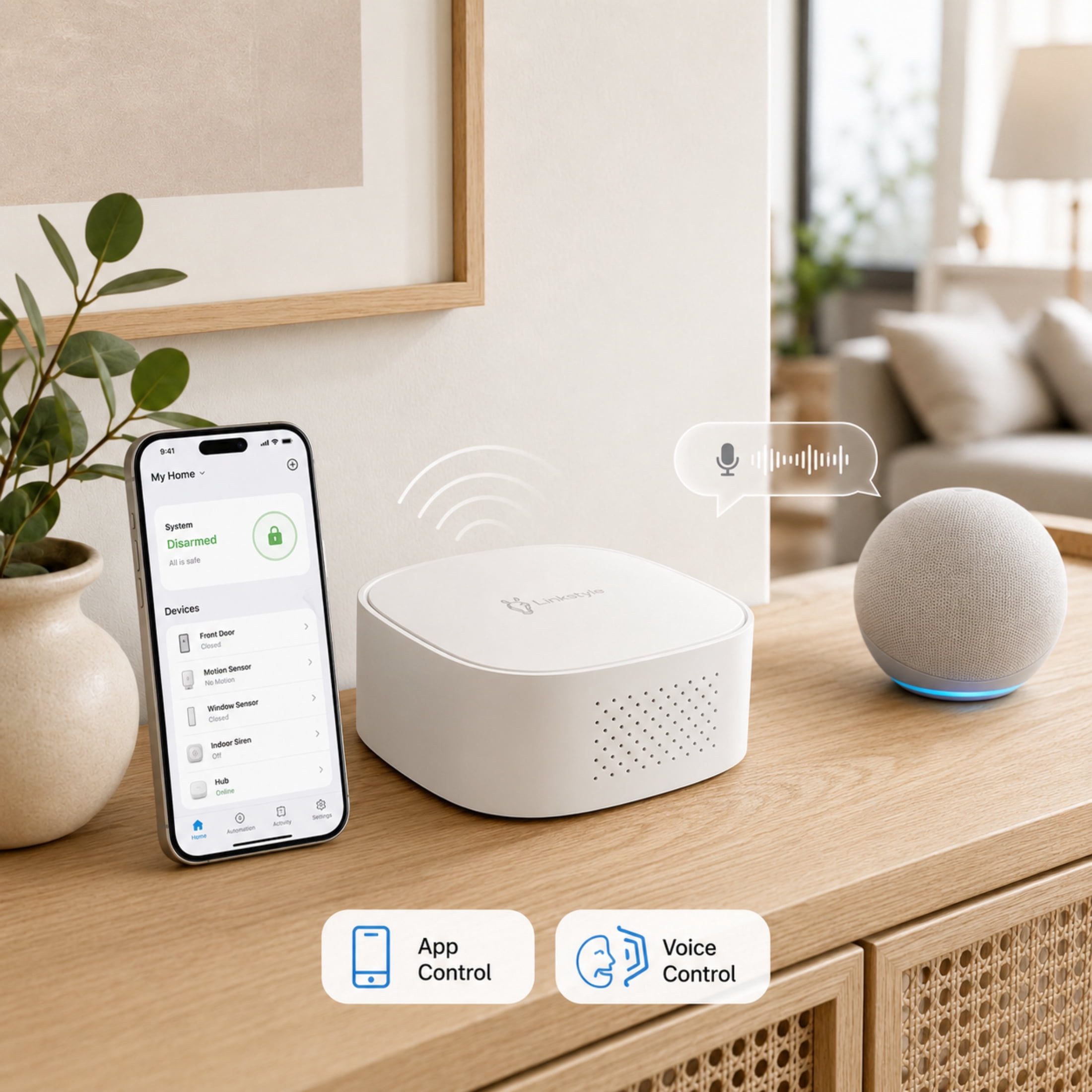 LINKSTYLE Smart Home Security Bundle, 4Pcs Security System Kit Includes Door and Window Sensors, PIR Motion Detection Sensor, Wireless Gateway Hub with App & Voice Controls