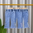 thumbnail image 4 of LYMAYTER Kids Baby Girls Jeans Flare Pants Spring Fall Printed Denim Trousers Toddler Casual Flare Leggings 1-6 Years, 4 of 10