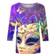 thumbnail image 5 of Cavosen Carnival Day Womens Tops 3/4 Sleeve Round Neck Festival Mardi Gras Shirts Mask Graphic Print Tops Holiday Fashion Blouse Loose Athletic T-Shirts Party Shrove Tuesday Tees XL, 5 of 5