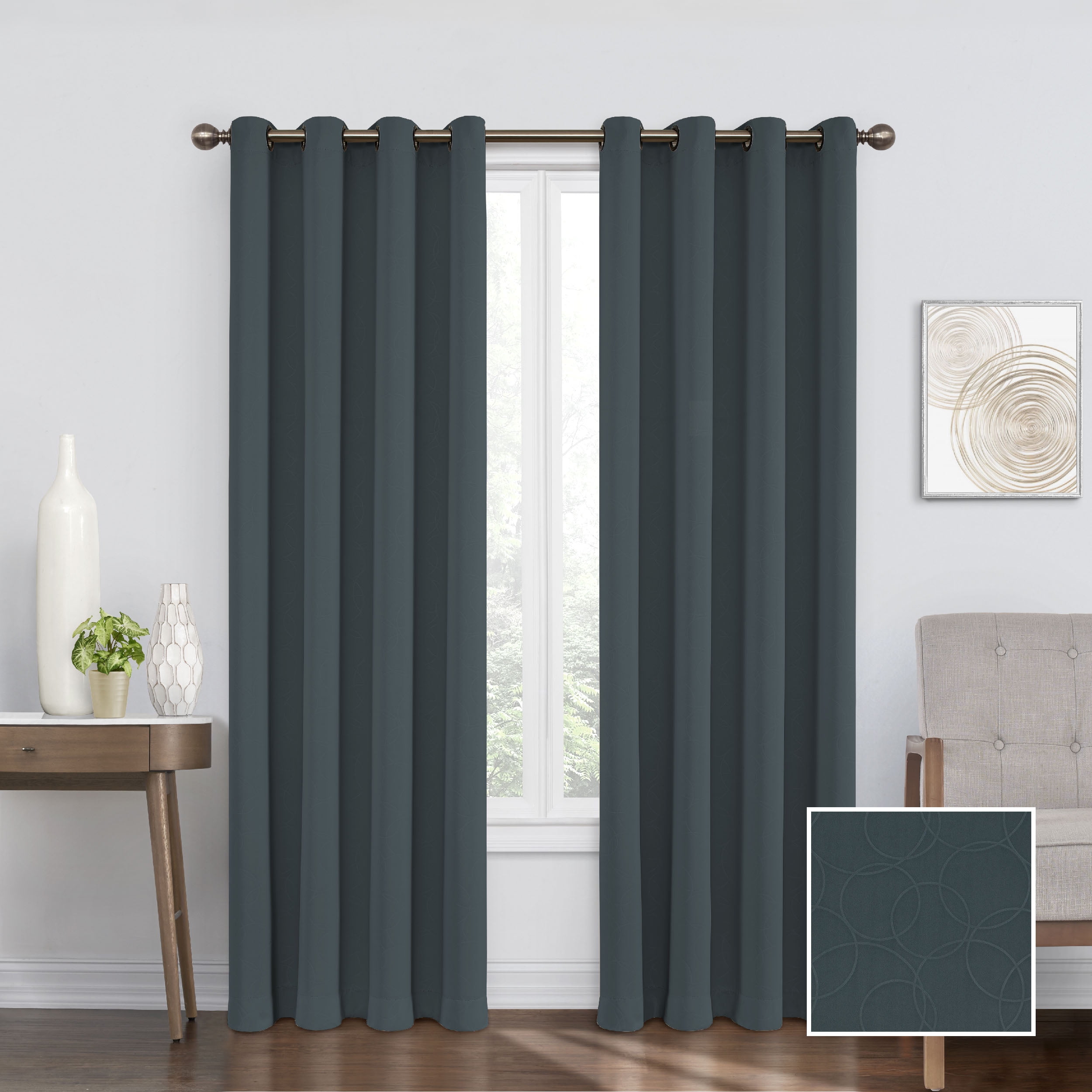 Eclipse Round and Round Pattern Blackout Grommet Top Window Curtain Panel, Green, 52x84