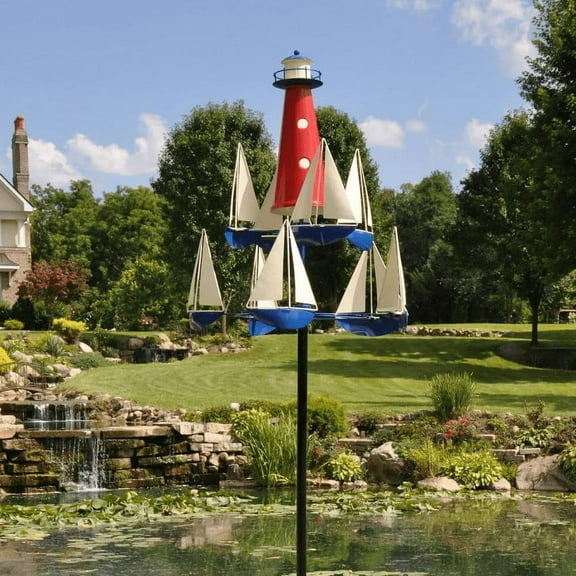 ZephyrZing 2023 New Kinetic Art Wind Sculpture - Summer Lighthouse Sailboat Windmills, Nautical Art Garden Windmills, Large Metal Sailboat Wind Spinners Decor for Outdoor Yard and Garden (1pc)