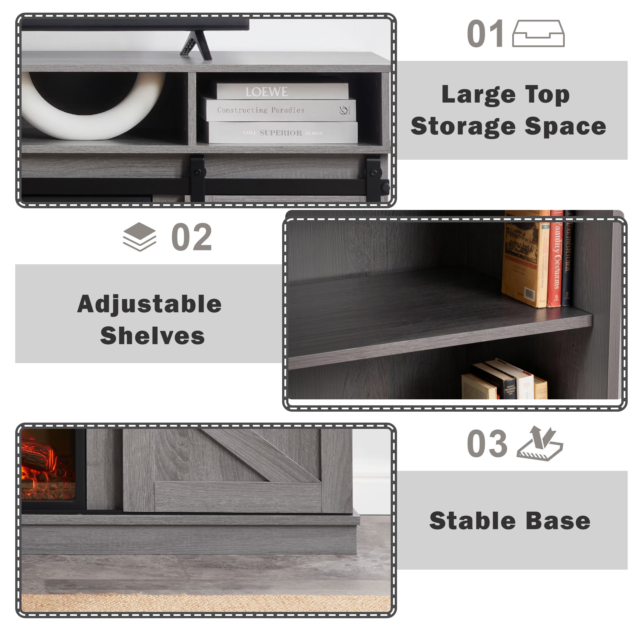 SESSLIFE Fireplace TV Stand for 65 Inch TV, 29.4'' Tall Farmhouse TV Stand with Shelves, Entertainment Center with 3D Flame Electric Fireplace Heater, Gray