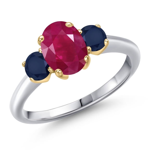 Gem Stone King 10K Two Tone Gold Red Ruby and Blue Sapphire Engagement Ring for Women | 2.30 Cttw | Oval 8X6MM | Gemstone July Birthstone | Size 8
