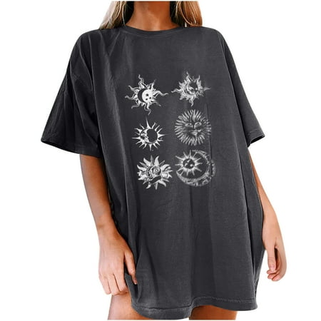 

Mrat Short Sleeve Round-Neck Blouses & Shirts Sisters Shirt Ladies Vintage Sun And Moon Printed Pattern Casual Short Sleeve Tops Blouse Corset Tops For Female