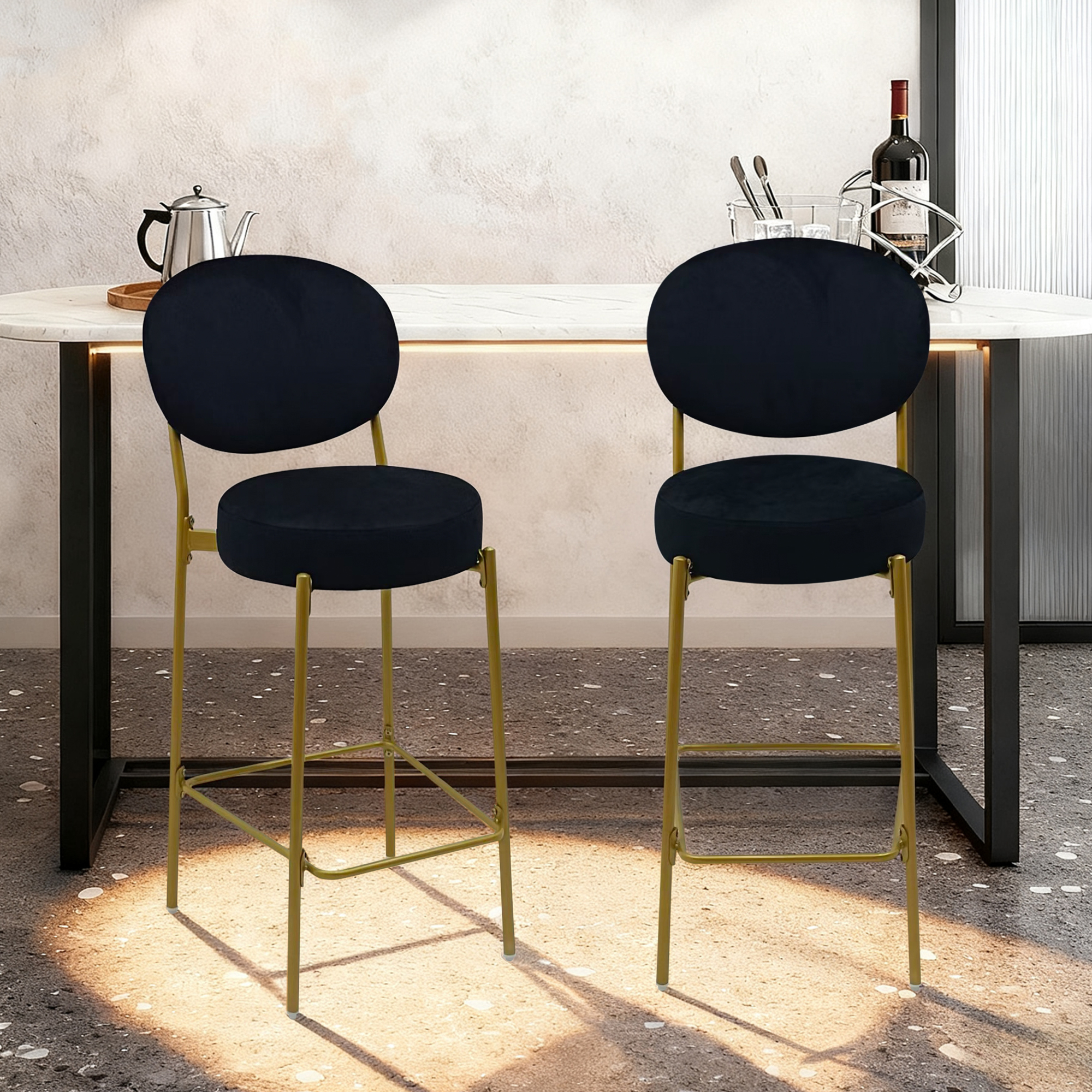 Jopath 2-Pack Modern Velvet Bar Stools with Gold Metal Legs Accent Round Counter Stools for Kitchen Island, Home Bar (Black)