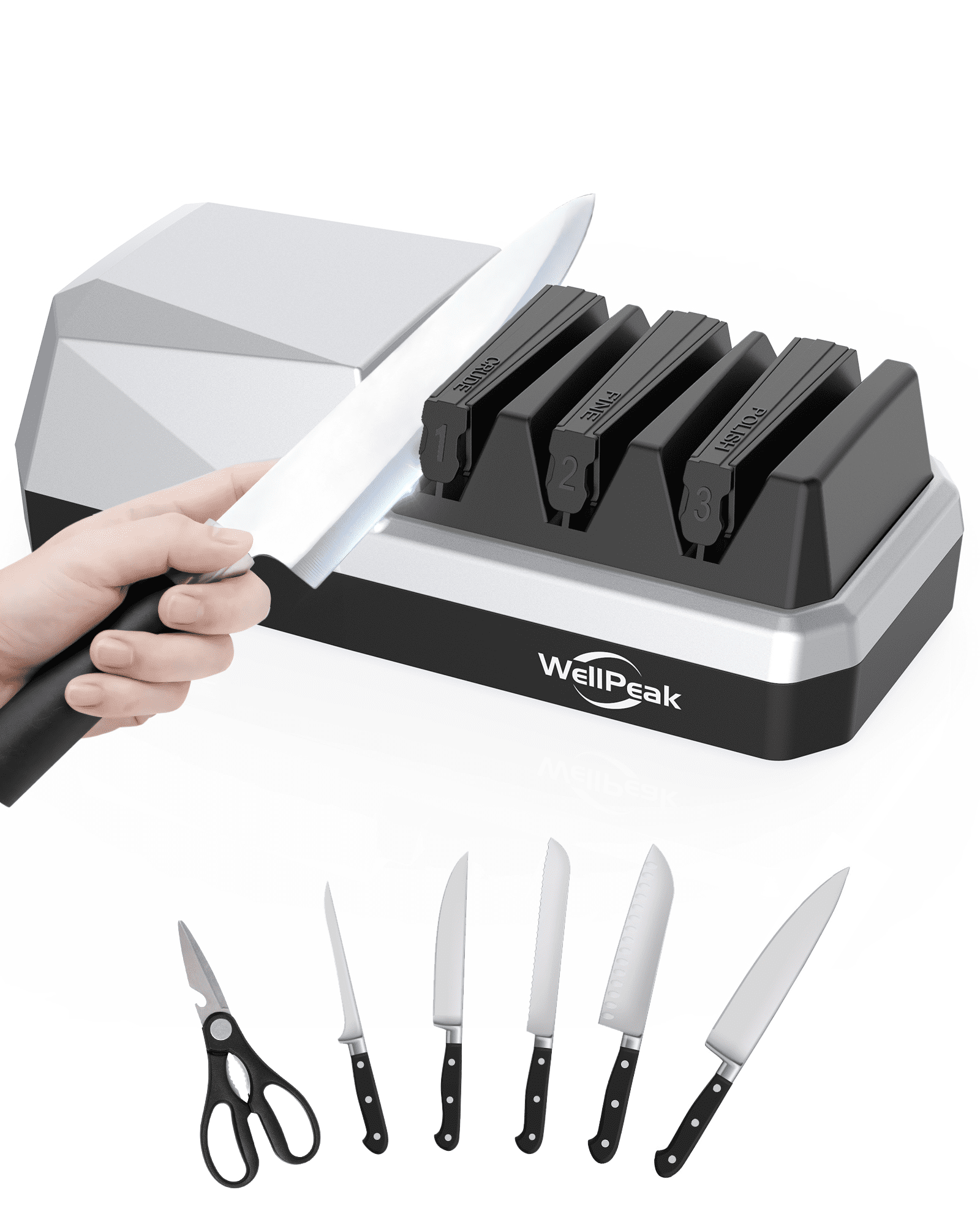 WELLPEAK 3-Stage Electric Knife Sharpener for Kitchen 18/20-Degree Knifes, Diamond Abrasive Sharpening for Straight Edge Chef Knives, Ceramic Hone for Chef Knives, Serrated Knives Polishing