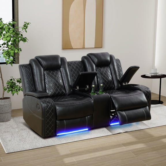 MAYEERTY 2-Seater Recliner Loveseat Sofa, Breathing Leather with Storage & Cup Holder for Couple Entertainment Zones Living Room