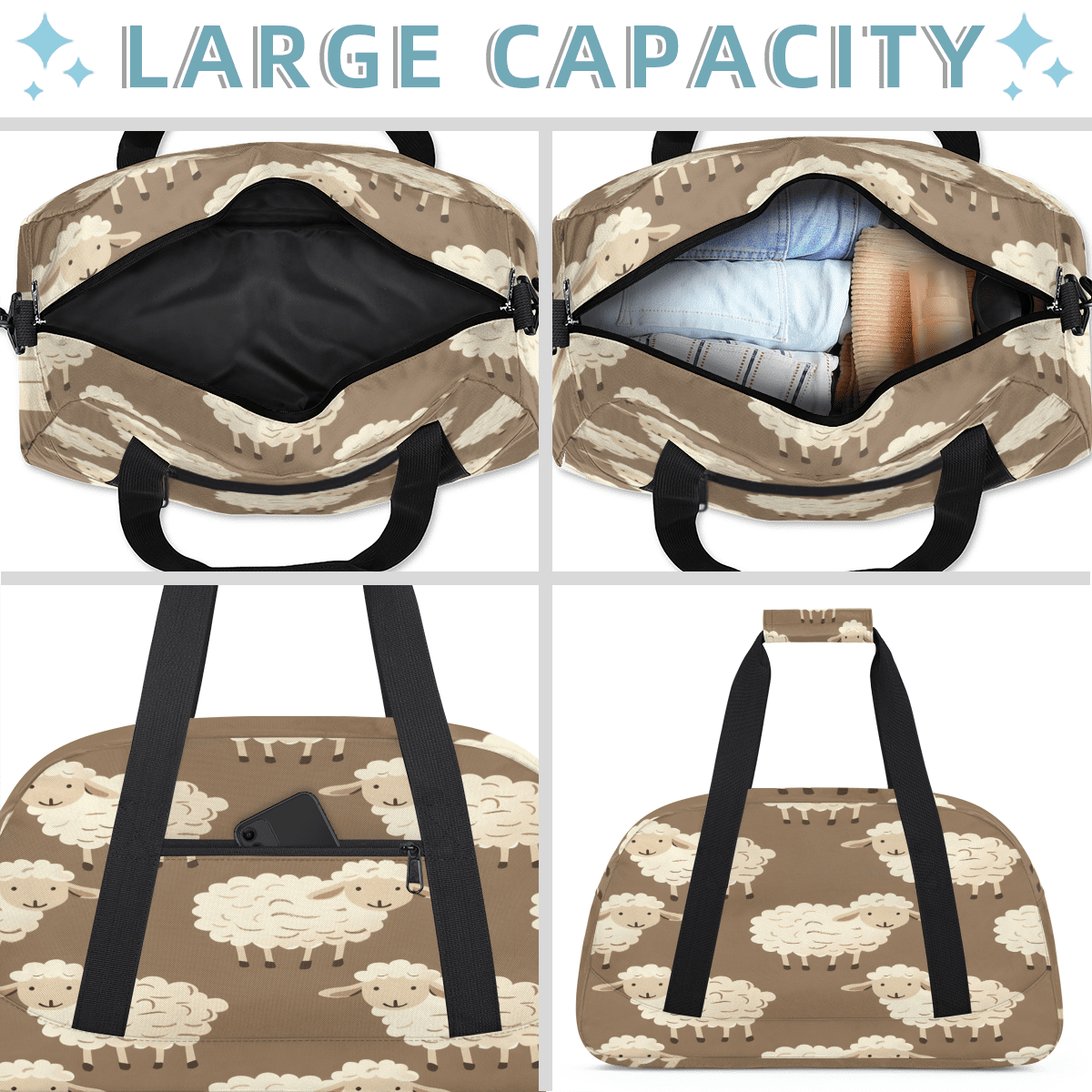 Herdesigns Sheep Sports Duffle Bag for Women & Men, Cute Cartoon Gym Bag Dance Bag Overnight Bag Carry On Weekender Travel Bag