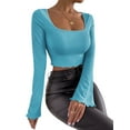 thumbnail image 3 of BEAFNKSG Women Flare Long Sleeve Crop Tops Low Cut Slim Ribbed Cropped Tee Basic Blouse Streetwear, 3 of 6