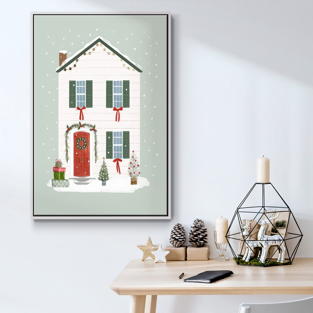 Festive Front Door III - Framed Gallery Wrapped Holiday Canvas - 27 x 41 - White Frame