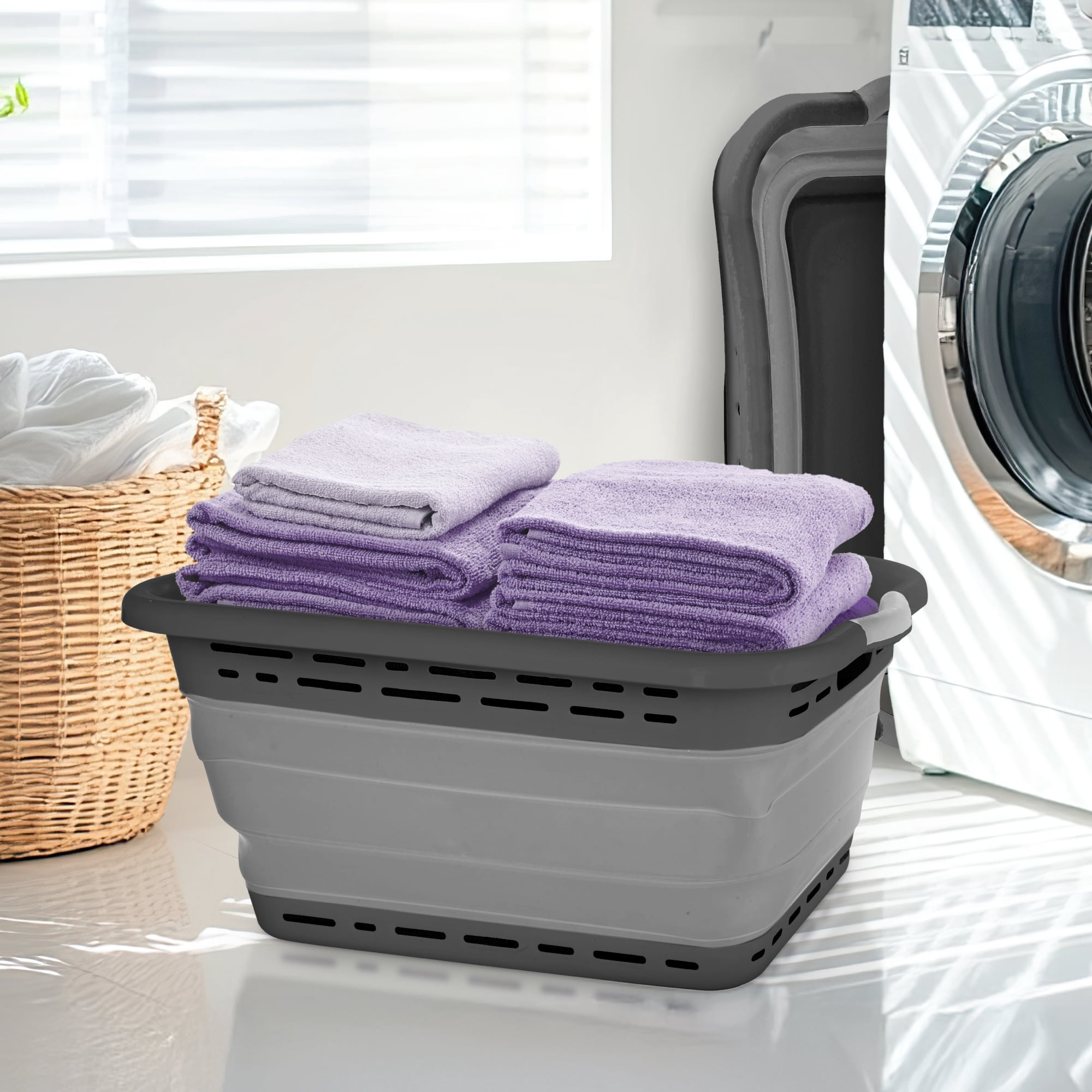 BLACK + DECKER Collapsible Laundry Basket with Handles, Space-Saving Design, Dark Gray