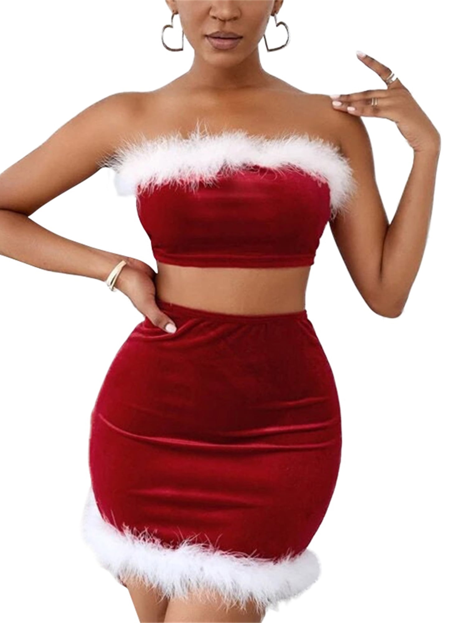 Women Mini Skirt Outfits Set Sexy Xmas Off-shoulder Tube Crop Tops with  Bodycon Mini Skirts Partywears 