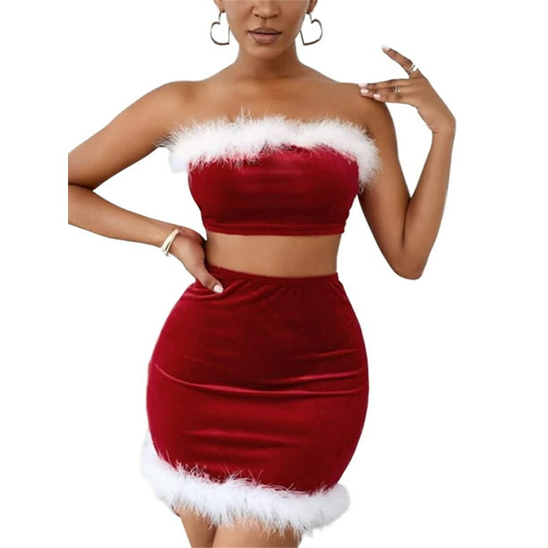 Kortfattet hjemmelevering bungee jump Christmas Outfit Women Fur Trim Strapless Dresses Sexy Mini Tube Dress  Skirt Sets Aesthetic Cute Clothes - Walmart.com