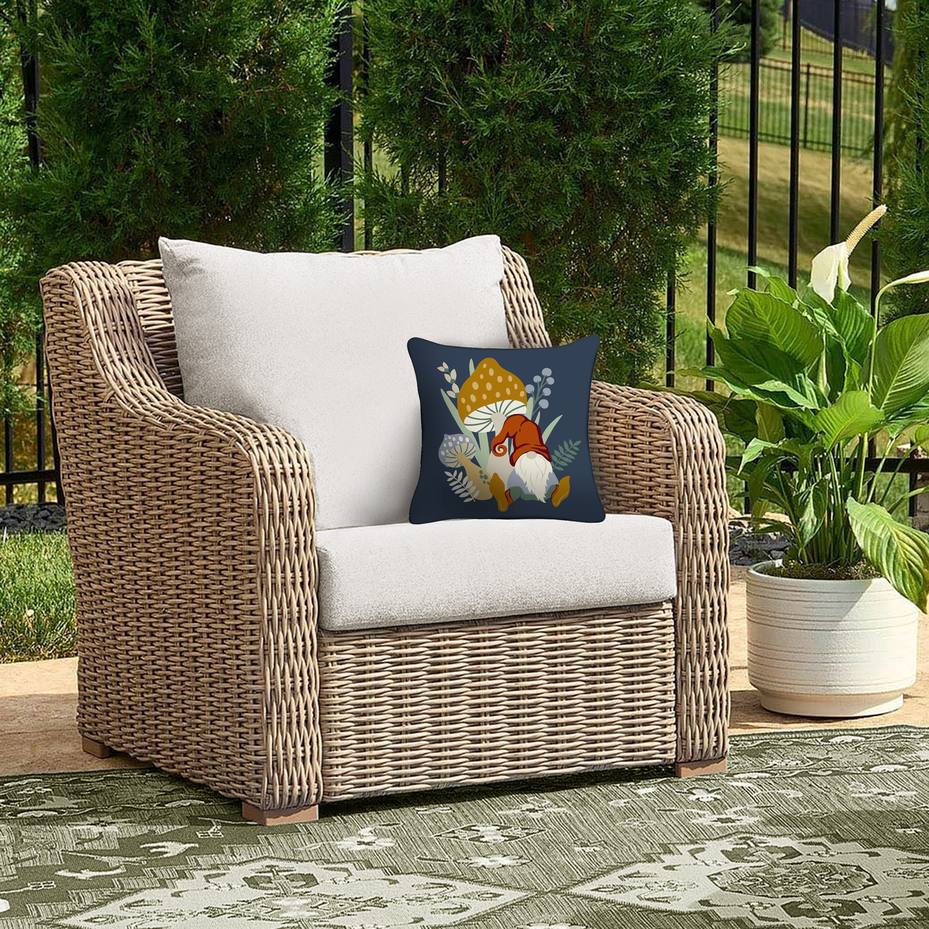 Mainstays 16" x 16" Reversible Gnome Mushroom Decorative Outdoor Throw Pillow, Navy, 1 Count