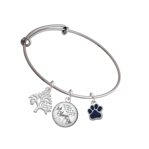 Delight Jewelry Silvertone Small Navy Blue Paw Silvertone Let Things Go Tree Charm Bangle Bracelet