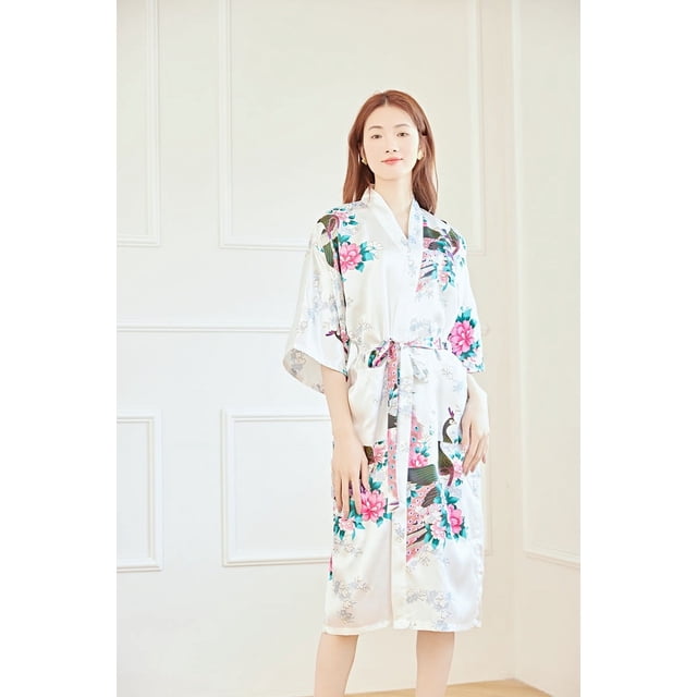 Camisón tipo cárdigan largo de verano para mujer, de seda helada, con estampado de pavo real, tipo kimono, de seda morera fina y mediana