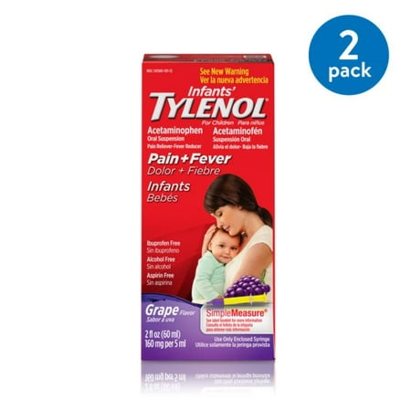 (2 Pack) Infants' Tylenol Oral Suspension, Fever Reducer and Pain Reliever, Grape, 2 fl