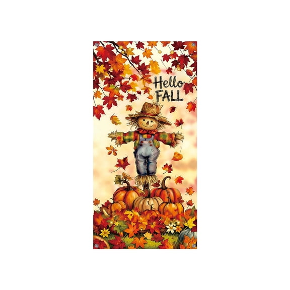 Hello Fall Scarecrow Door Cover Banner,Autumn Maple Leaf Pumpkin Harvest Door Hanging Decor for Front Porch Home