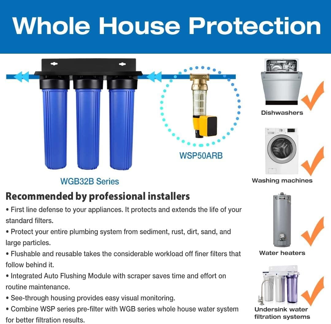 iSpring WGB32B-KS 3-Stage Whole House Water Filter System, 15 GPM, Removes Chlorine, Lead, Mercury, Hydrogen Sulfide & Heavy Metals, w/ F3WGB32BKS Replacement Filter Set