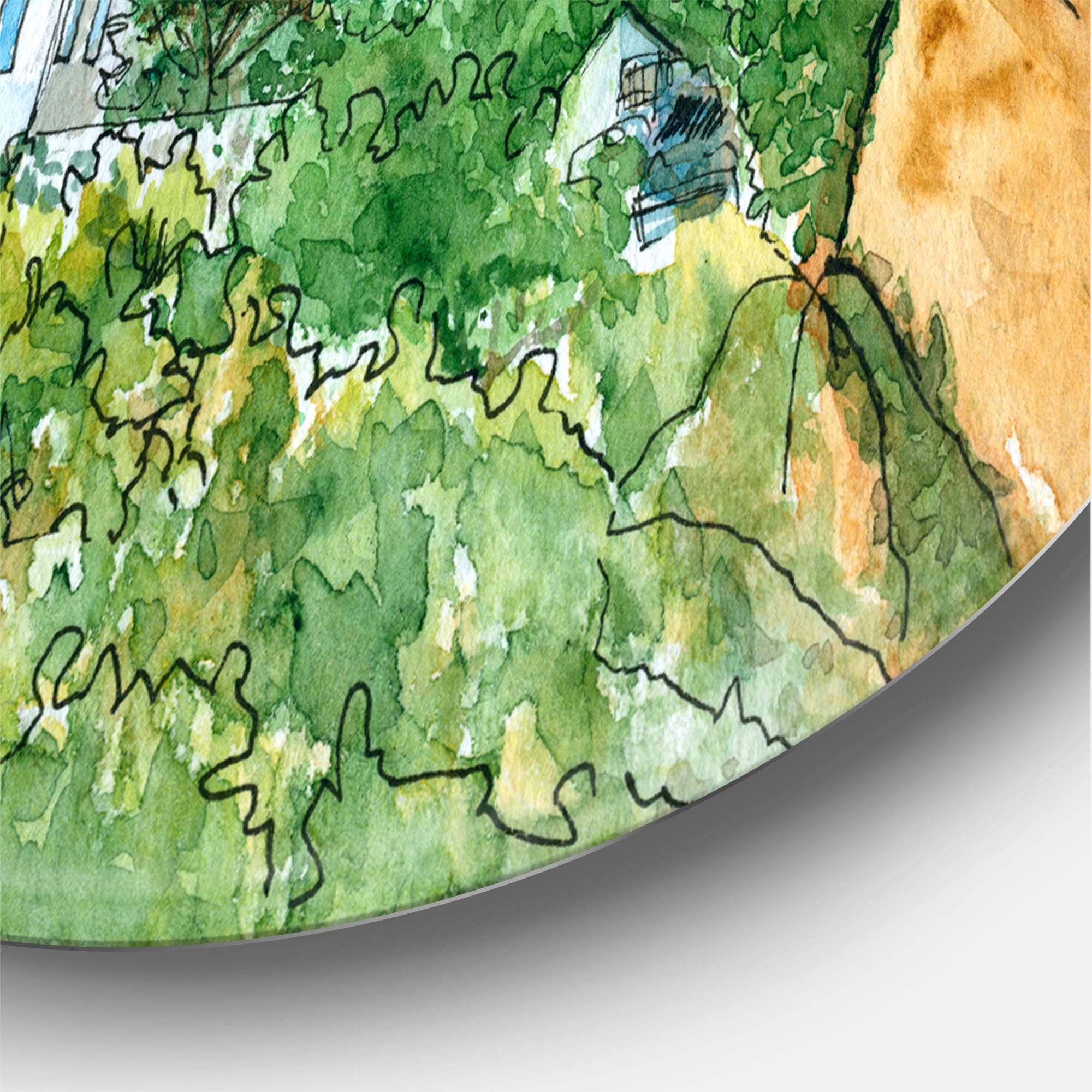 Designart 'White House With Red Roof In The Lush Green Countryside' Traditional Circle Metal Wall Art 11x11 - Disc of 11