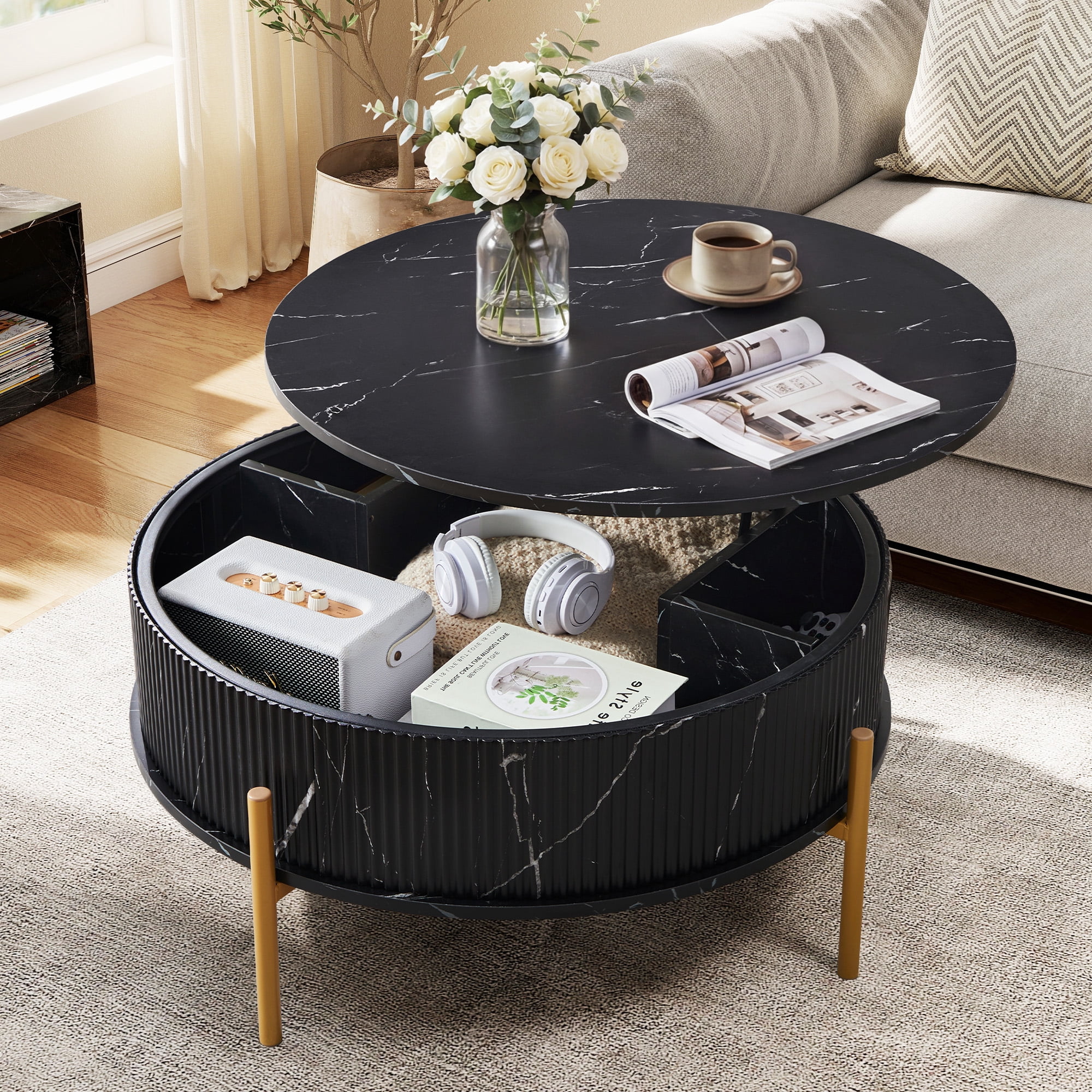 YOCWO 31.5" Lift Top Coffee Table for Living Room with Wave Base, Mordern MDF Round Coffee Table for Apartment Small Space with Marble Veneer Finish, Black
