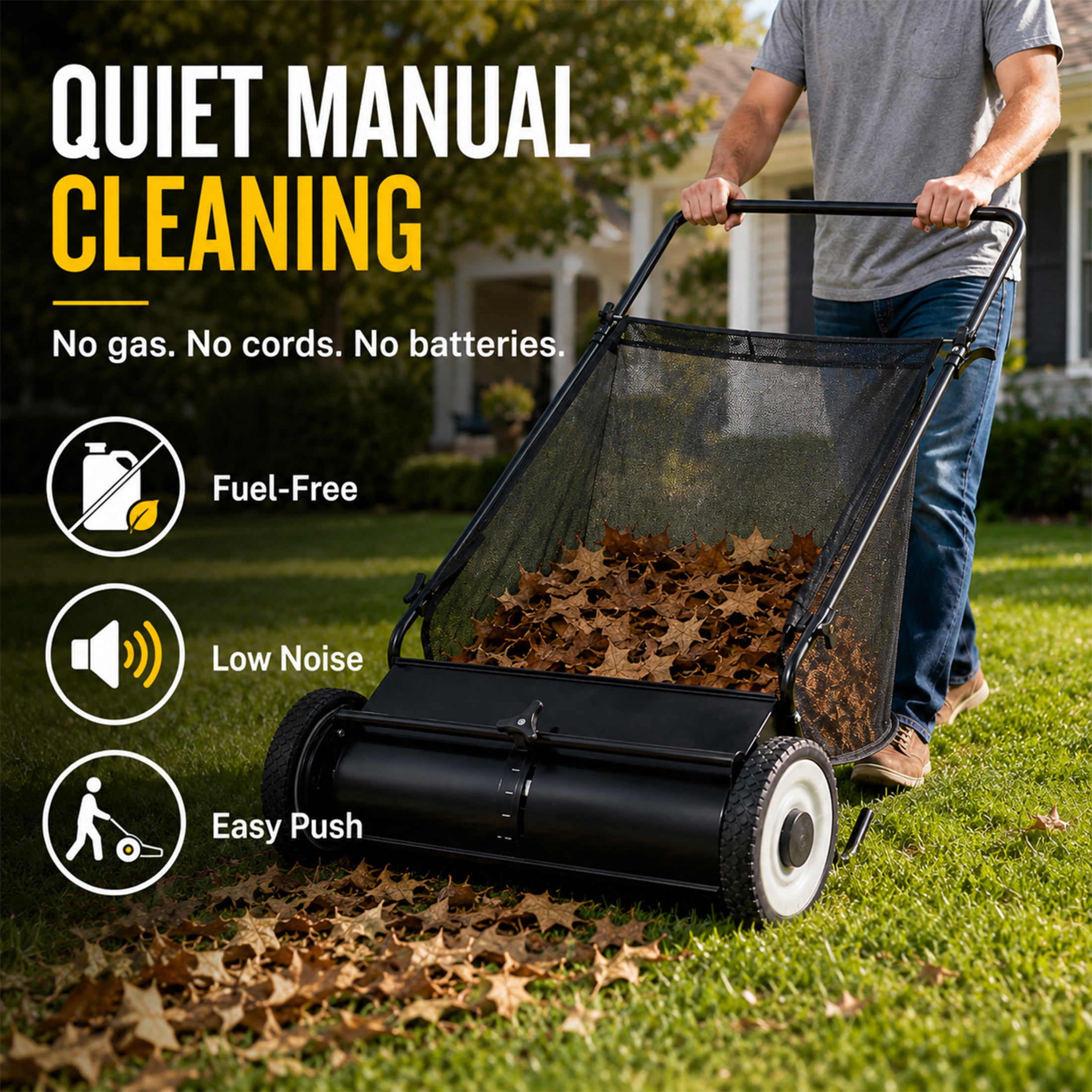 GDF Studio 26" Push Lawn Sweeper with 7 Cu. Ft. Large Hopper & 4 Rotating Brushes, Heavy-Duty Steel Frame, Black