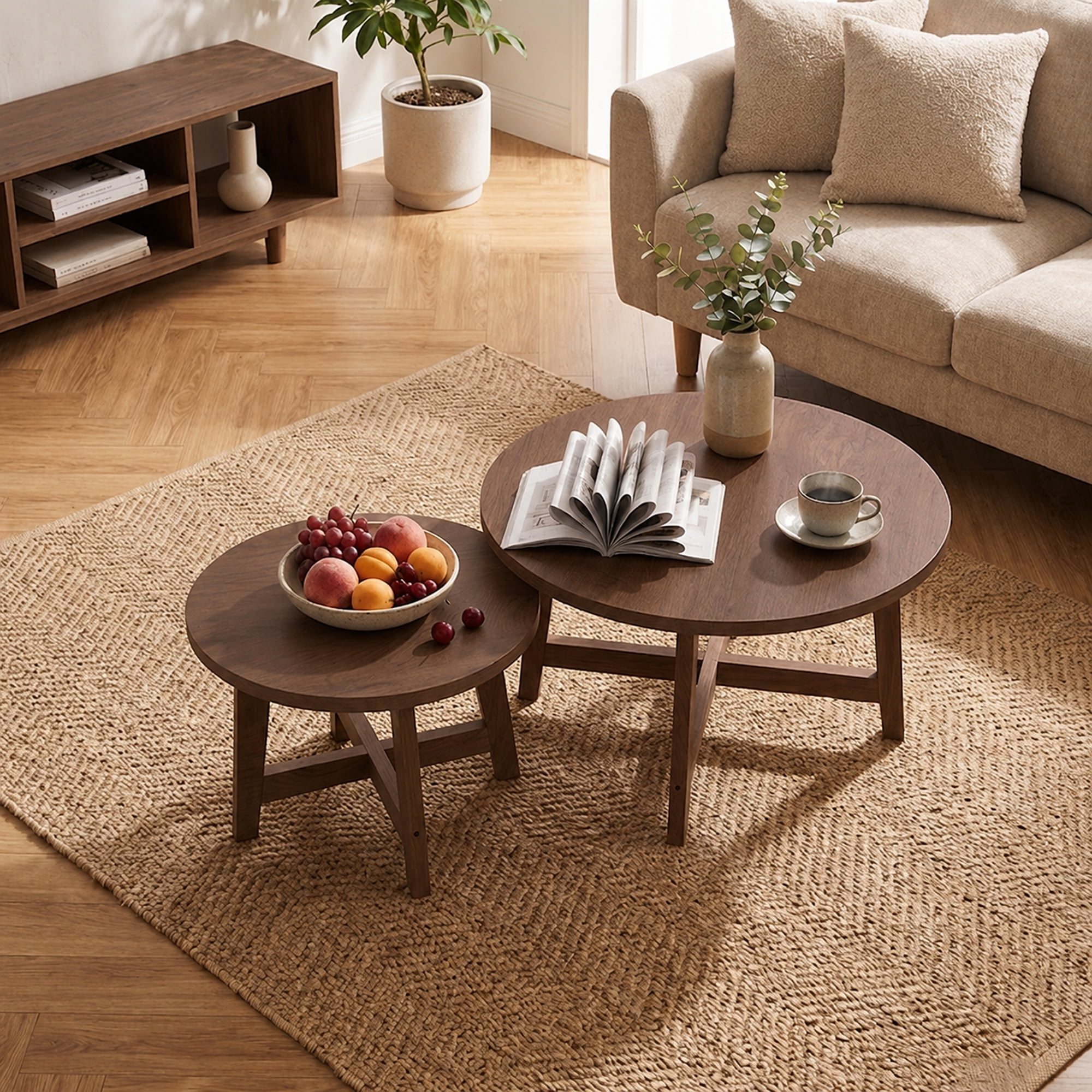 Nesting Coffee Tables Set of 2 Round with Walnut Tone Finish and X-Shaped Frame, Stackable Side Tables and End Tables for Living Room Bedroom, Walnut