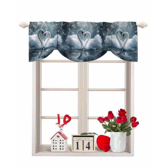 Tie Up Valance Curtain for Kitchen,Valentine's Day White Swan on Laker Rod Pocket Short Curtains Adjustable Tie-Up Shade Valances,Romantic Lover Window Treatment for Bathroom Bedroom