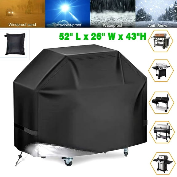 SkyTex Heavy Duty BBQ Grill Cover, Waterproof Oxford Fabric, 52'' Gas Grill Cover with Drawstring & Windproof Buckle Clips, Fits Grills of Weber Char-Broil, Black
