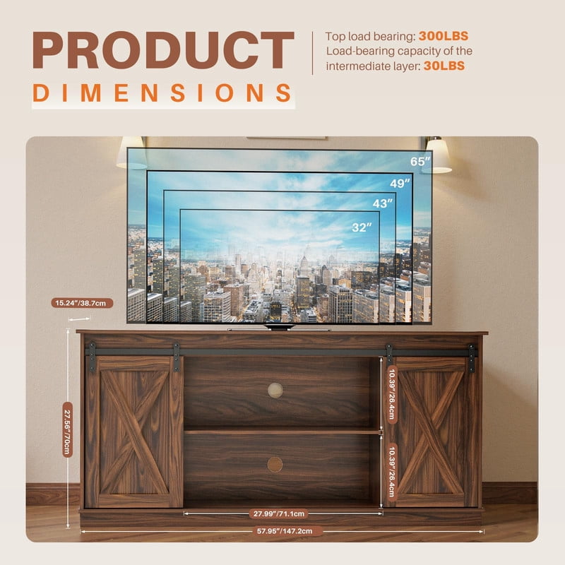 Farmhouse TV Stand for 65 Inch TV, Rustic Brown Media Console Cabinet with Sliding Barn Doors, Adjustable Shelves, 300 lb Capacity