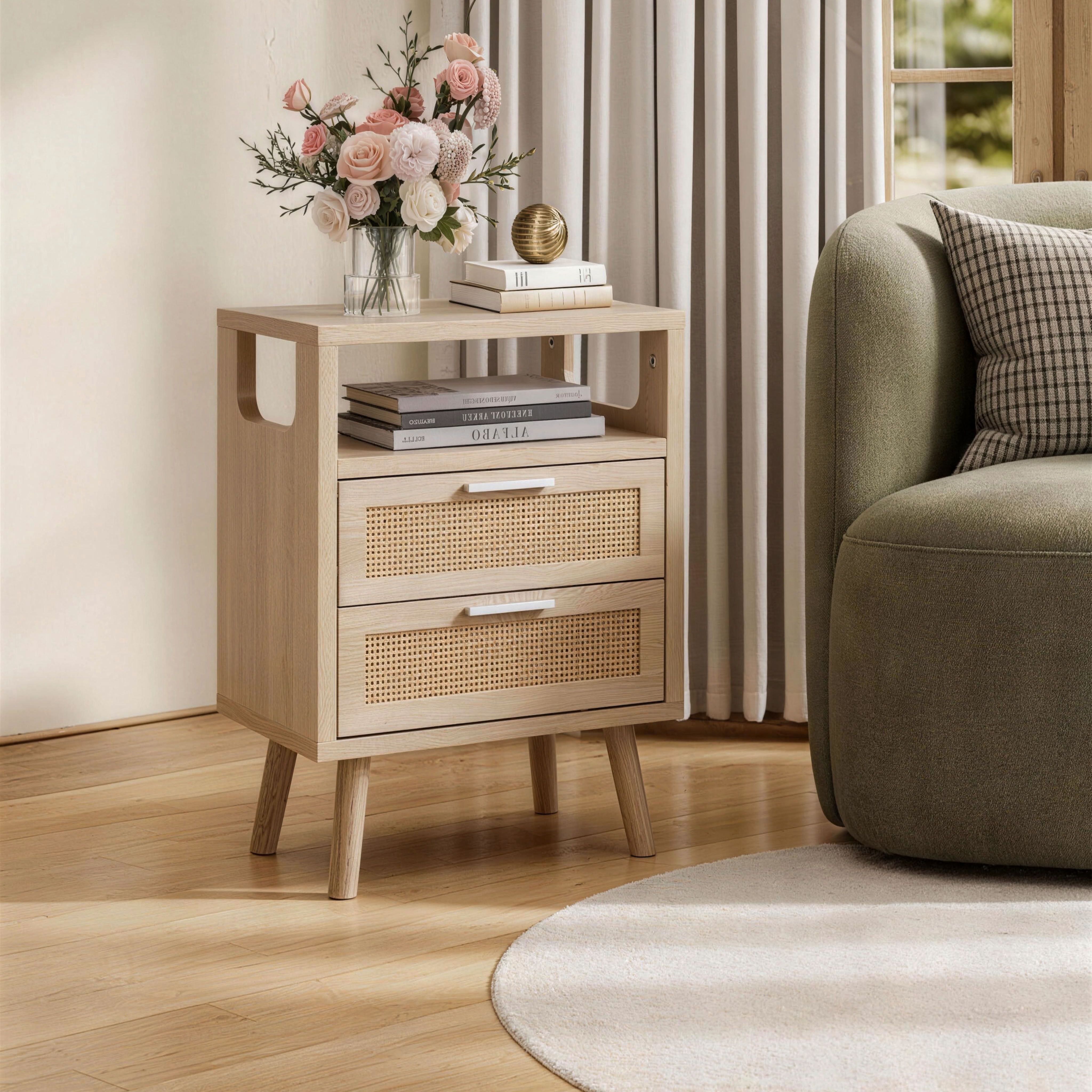 MAYEERTY Set of 2 Rattan End Tables with 2 Drawers and Open Shelf, Modern Wood Side Table with Tapered Legs, for Living Room Bedroom Small Spaces
