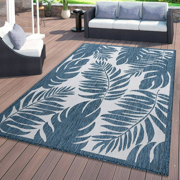 World Rug Gallery Floral Leaves Textured Flat Weave Indoor/Outdoor Area Rug - NAVY 5' X 7'