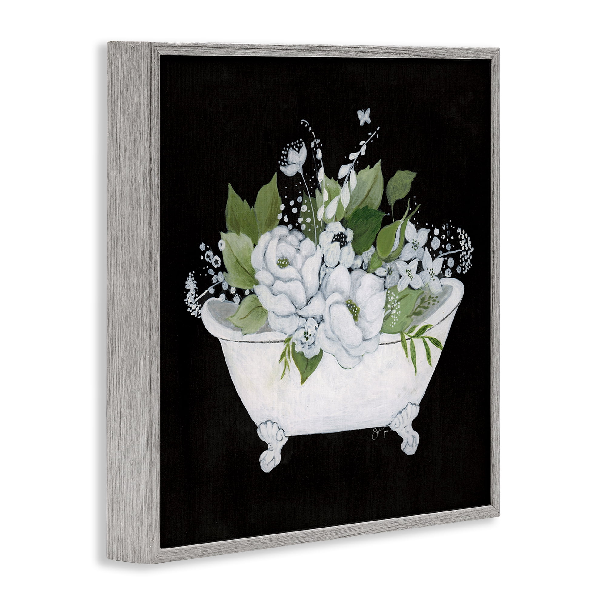 Stupell Industries Charming Floral Bathtub Typography Painting Gray Framed Art Print Wall Art, 12 x 12