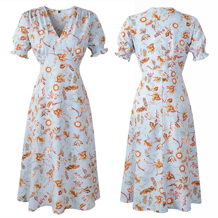 KSCYKKKD Dresses for Women Female V-Neck Short Sleeve Floral Maxi