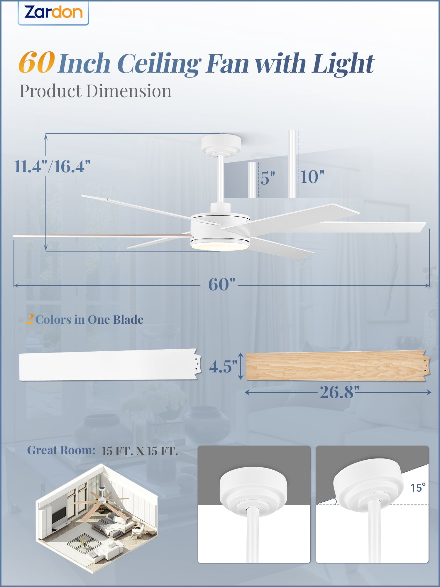 Zardon 60in Ceiling Fans with Light and Remote Control, Flush Mount Ceiling Fans with 6 Speeds Reversible, for Indoor, Outdoor, White