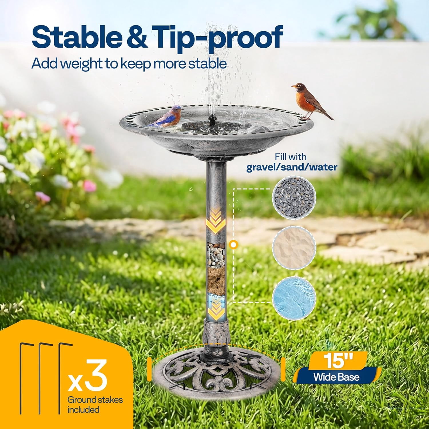 SPECSTAR Bird Bath, Polyresin Antique Outdoor Gray Garden Birdbath and Solar Powered Round Pond Fountain Combo Set