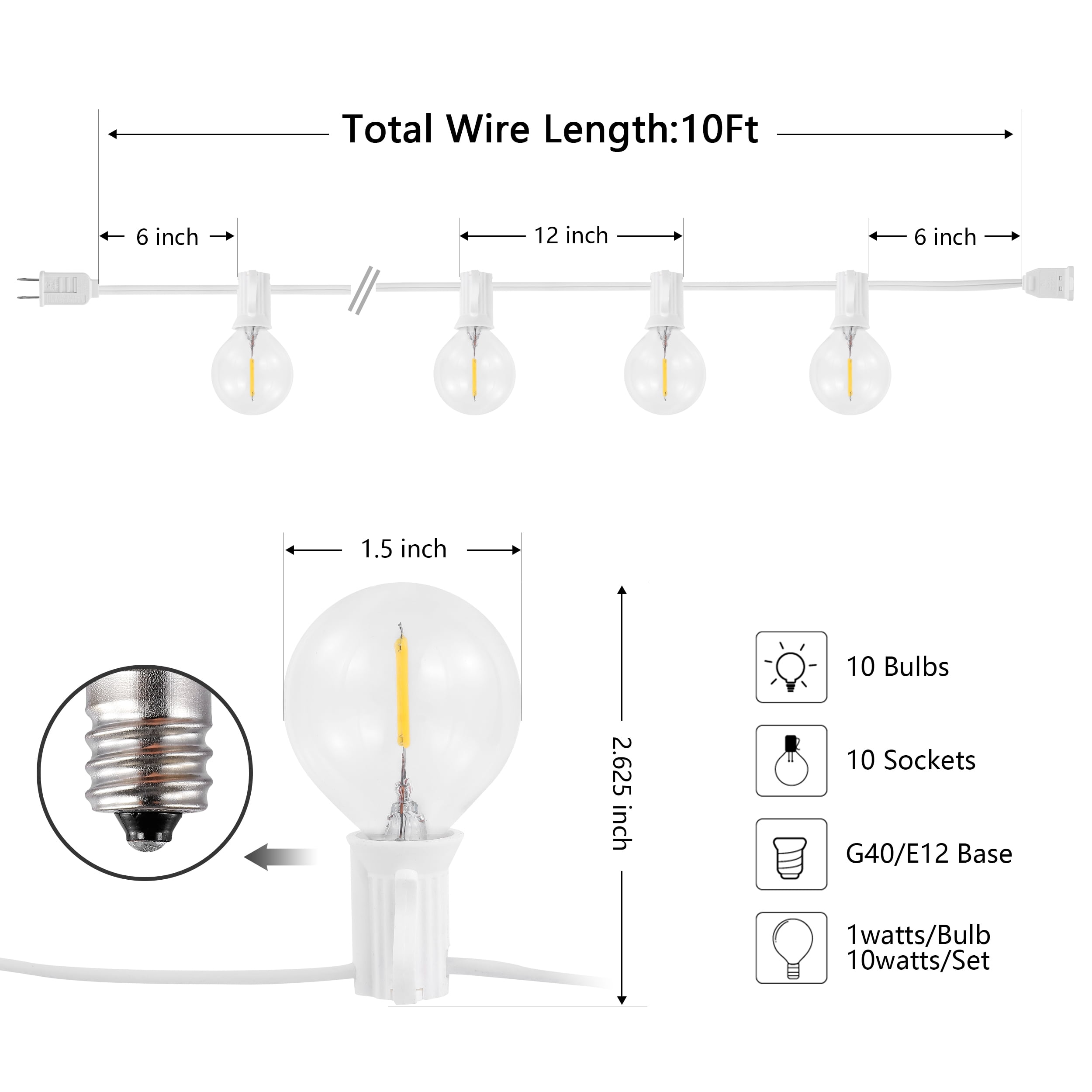 SAFAVIEH Chiera 10-Light G40 White Metal Outdoor String Light