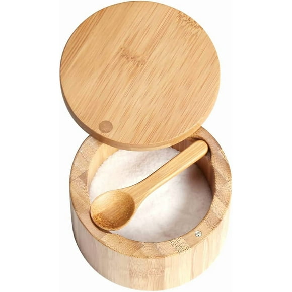 Bamboo Salt Cellar Bowl Box Container with Built-in Spoon to Prevent Dust, Stylish Kitchen Salt Tray Storage Container with Rotating Magnetic Lid for
