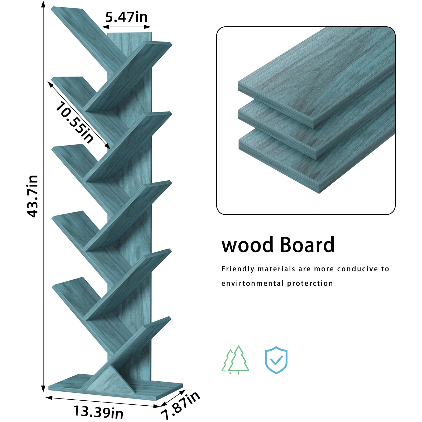 Tree Bookshelf 10-Tier Floor Standing Tree Bookcase, Wood Bookcase, Desk Display Bookshelves for Office, Study, Blue