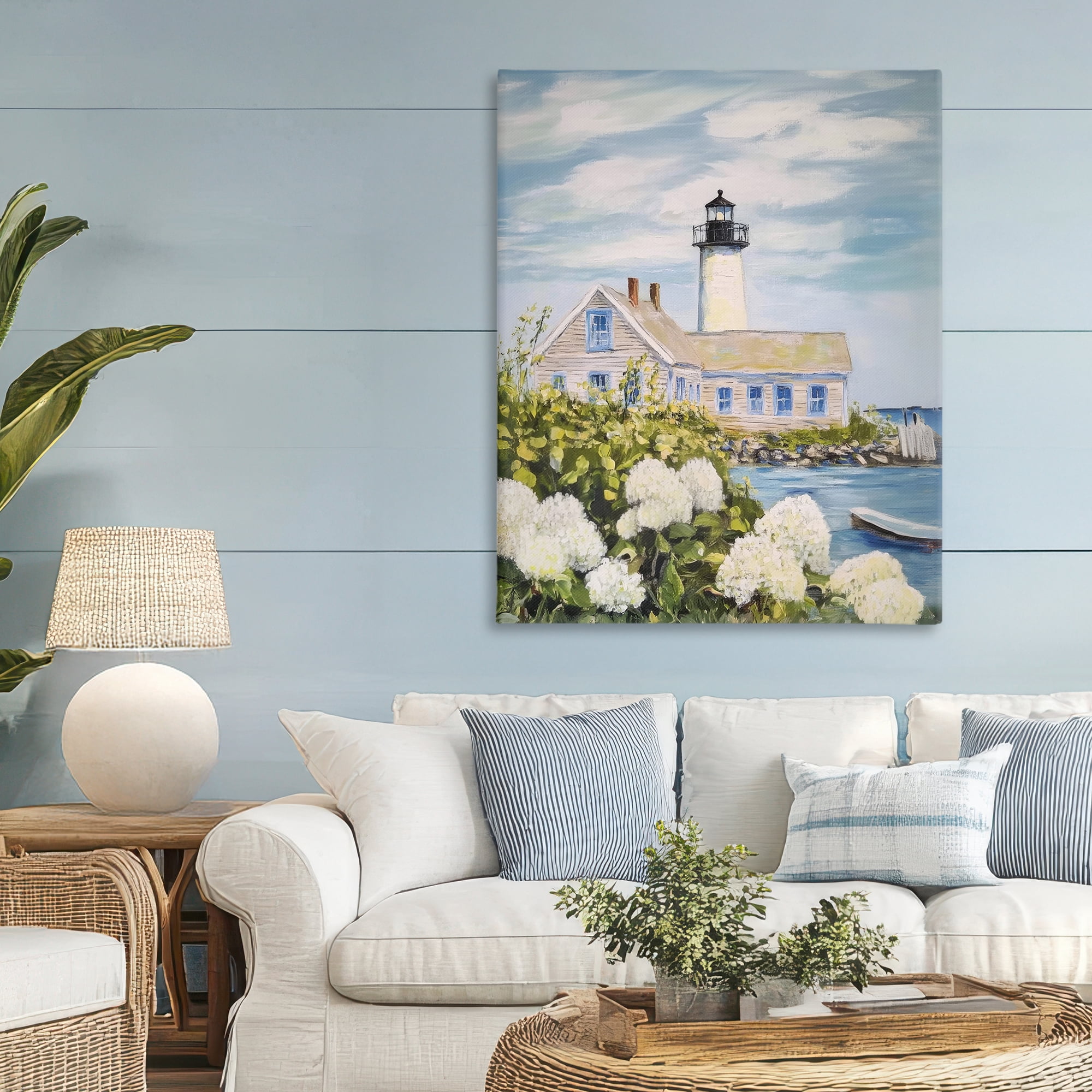 Stupell Industries Lighthouse Scenery with Hydrangeas Canvas Wall Art, design by Sisi and Seb