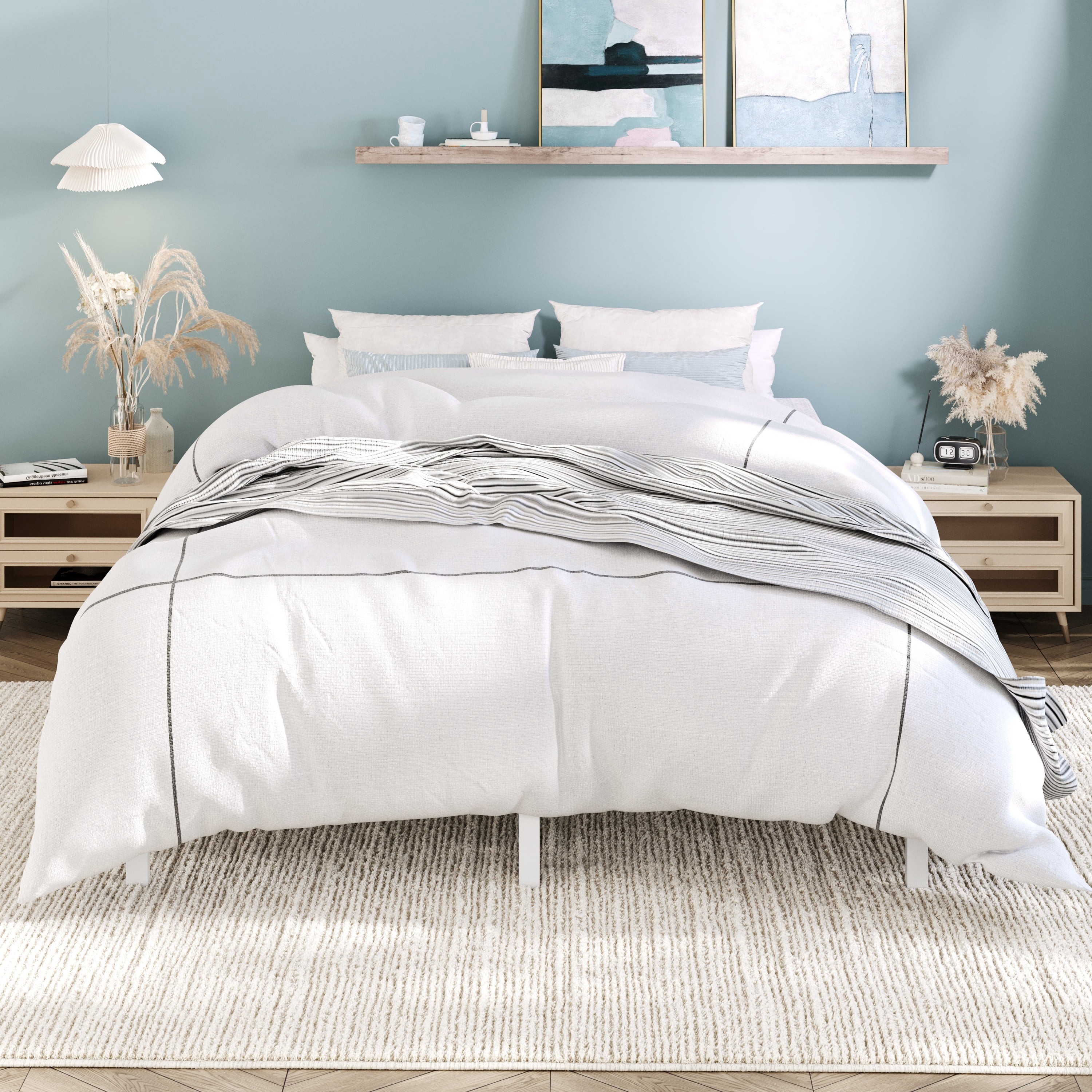 Einfach Full Bed Frame, Heavy Duty Metal Platform Bed with Ample Under-bed Storage Space, No Box Spring Needed, White