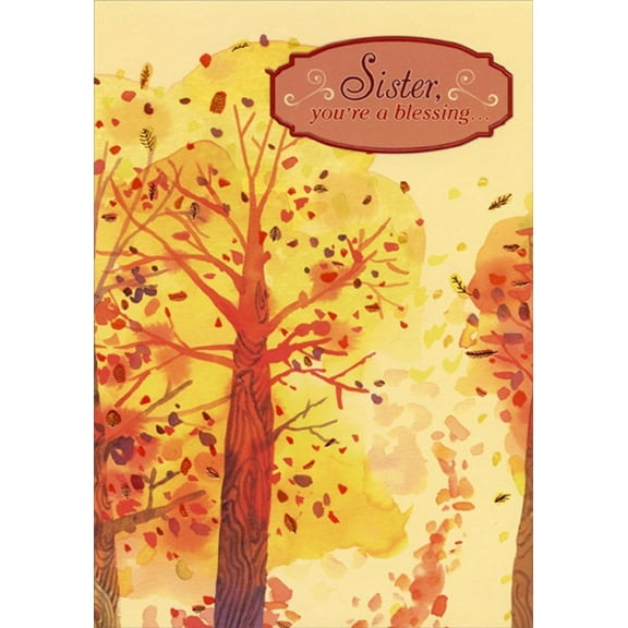 Designer Greetings Brown Tree : Light Green Foliage : Orange Foil Accents Religious Thanksgiving Card for Sister
