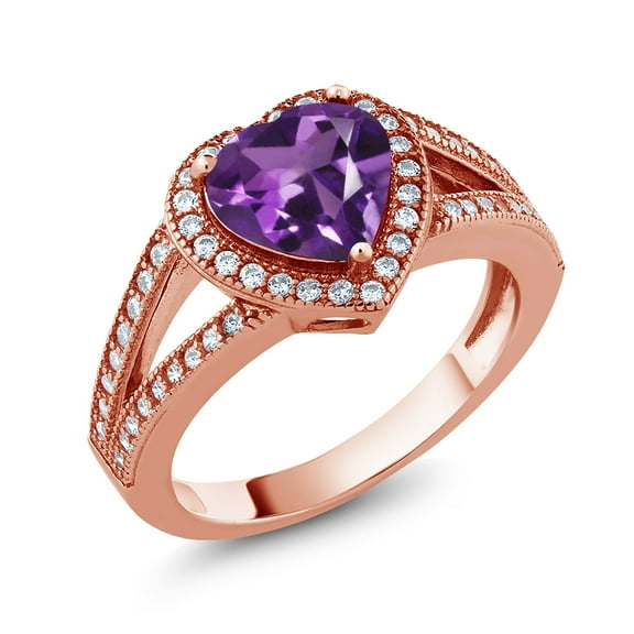Gem Stone King 18K Rose Gold Plated Silver Ring Heart Shape Amethyst and Moissanite (1.89 Cttw) (Size 8)